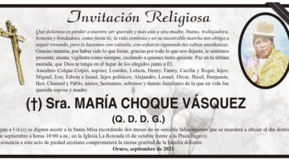 Sra. María Choque Vásquez, obituario y recordatorio de su fallecimiento