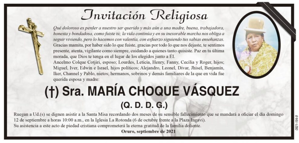 Sra. María Choque Vásquez, obituario y recordatorio de su fallecimiento
