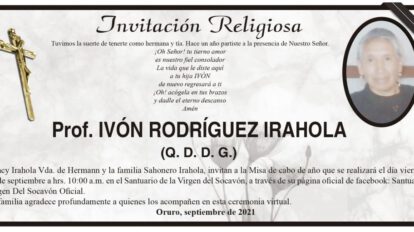 Prof. Ivón Rodríguez Irahola - Invitación a la misa de cabo de año