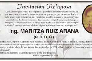 Ing. Maritza Ruiz Arana, invitación a misa en su memoria