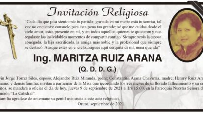 Ing. Maritza Ruiz Arana, invitación a misa en su memoria