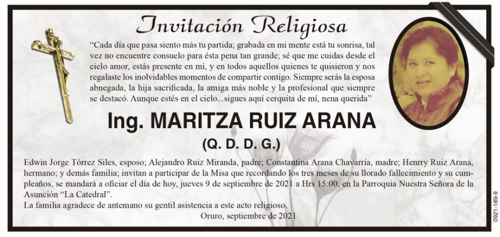 Ing. Maritza Ruiz Arana, invitación a misa en su memoria