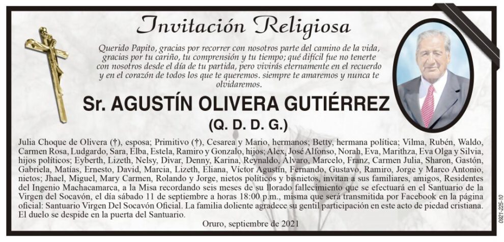 Invitación Religiosa: Sr. Agustín Olivera Gutiérrez
