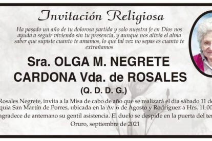 Invitación Religiosa en memoria de Olga M. Negrete Cardona
