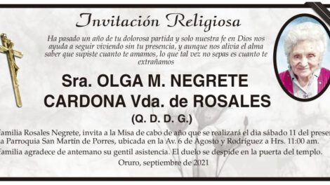 Invitación Religiosa en memoria de Olga M. Negrete Cardona