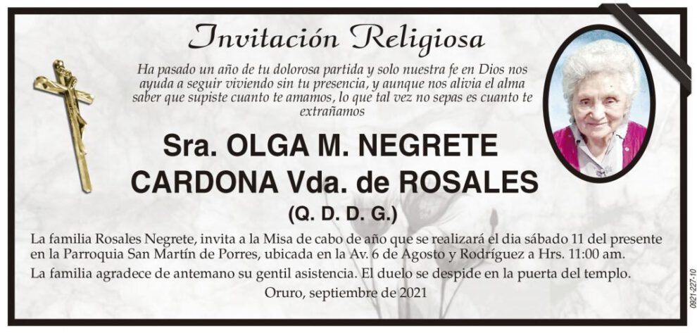 Invitación Religiosa en memoria de Olga M. Negrete Cardona