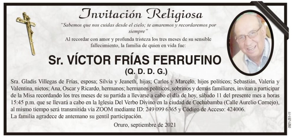 Invitación Religiosa en memoria de Víctor Frías Ferrufino