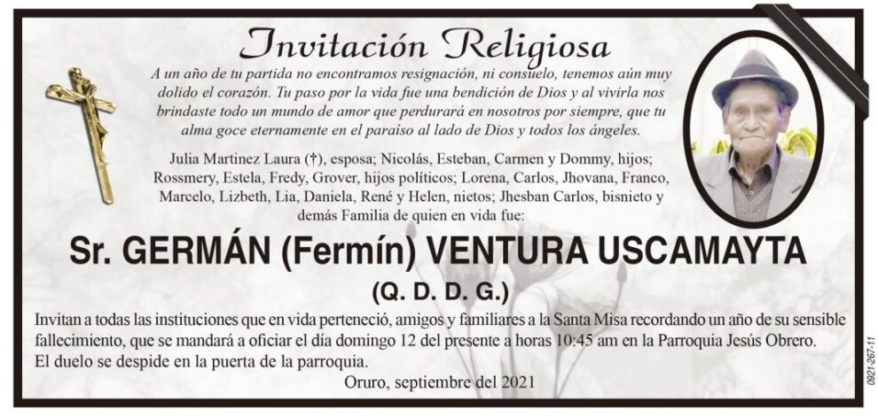 Invitación Religiosa para Germán Ventura Uscamayta