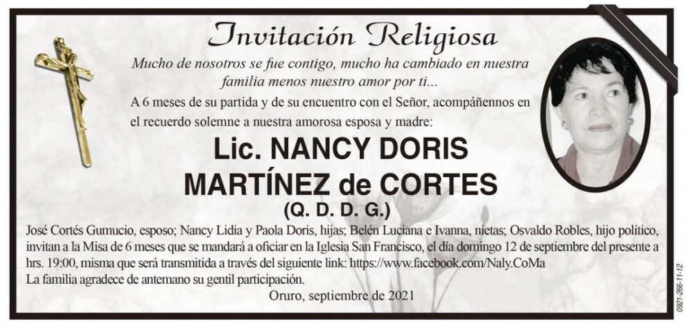 Invitación Religiosa: Lic. Nancy Doris Martínez de Cortes