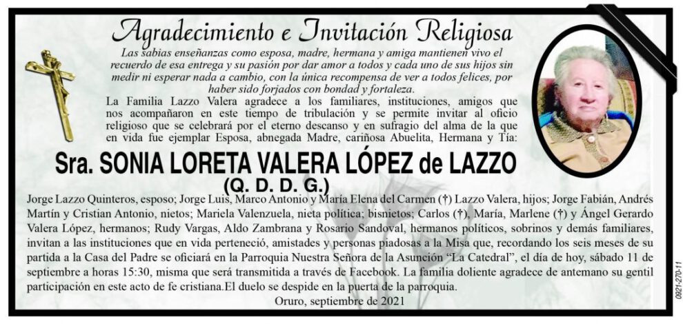 Agradecimiento e Invitación Religiosa por Sonia Loreta Valera López de Lazzo