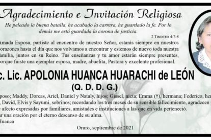 Agradecimiento e Invitación Religiosa por Apolonia Huanca Huarachi