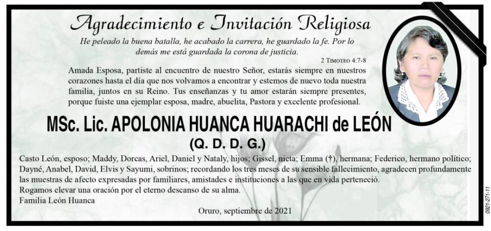 Agradecimiento e Invitación Religiosa por Apolonia Huanca Huarachi