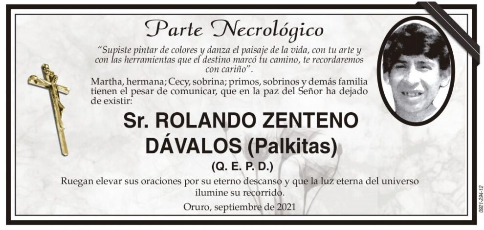 Parte Necrológico de Rolando Zenteno Dávalos