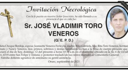 Invitación Necrológica: José Vladimir Toro Veneros