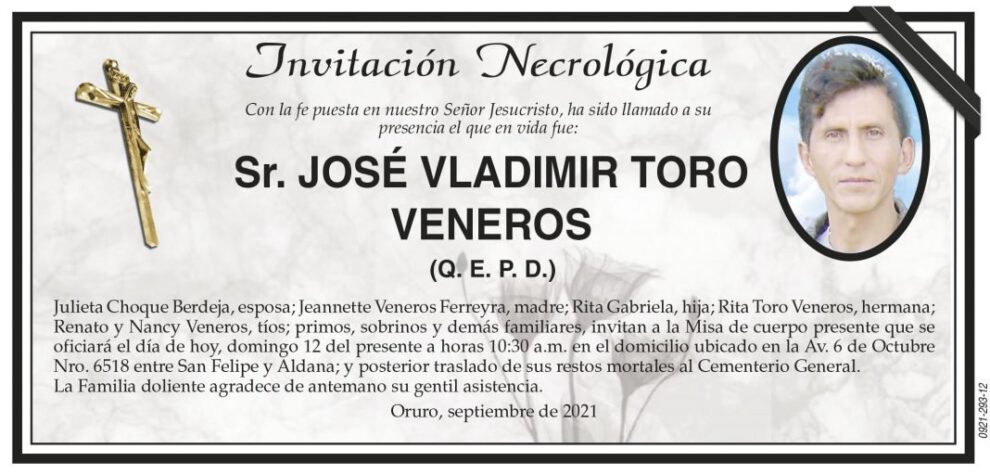 Invitación Necrológica: José Vladimir Toro Veneros