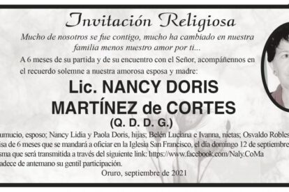 Lic. Nancy Doris Martínez de Cortes - Invitación Religiosa