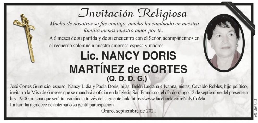 Lic. Nancy Doris Martínez de Cortes - Invitación Religiosa