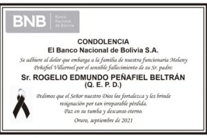 Condolencia por el fallecimiento de Rogelio Edmundo Peñafiel Beltrán