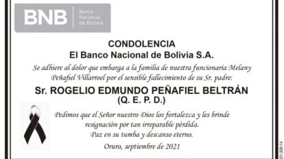Condolencia por el fallecimiento de Rogelio Edmundo Peñafiel Beltrán
