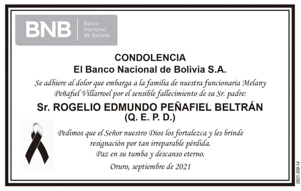 Condolencia por el fallecimiento de Rogelio Edmundo Peñafiel Beltrán