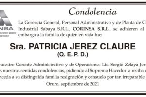 Condolencia por la Sra. Patricia Jerez Claure