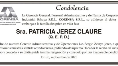 Condolencia por la Sra. Patricia Jerez Claure