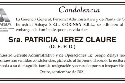 Condolencia por la Sra. Patricia Jerez Claure