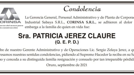 Condolencia por la Sra. Patricia Jerez Claure