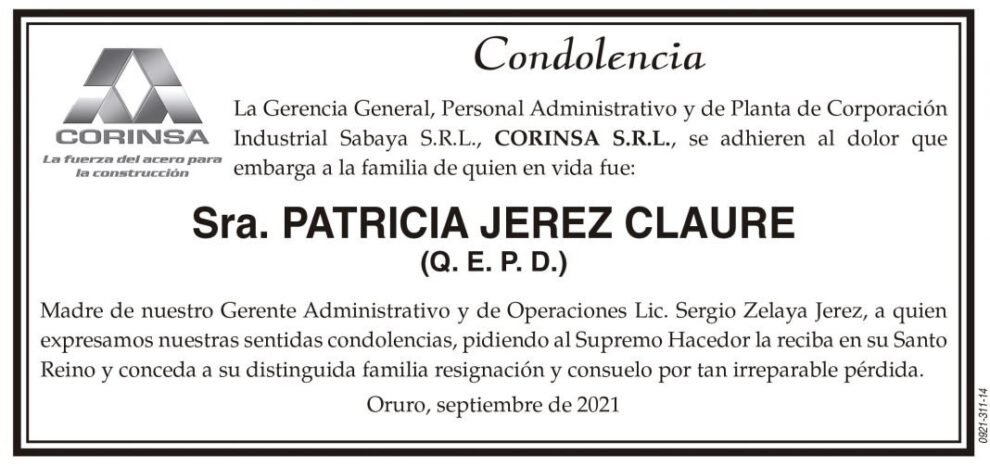 Condolencia por la Sra. Patricia Jerez Claure