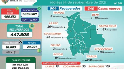 Covid-19 en Bolivia: 340 nuevos casos reportados