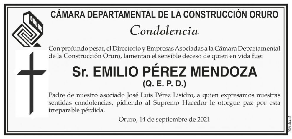Condolencia por el fallecimiento de Emilio Pérez Mendoza