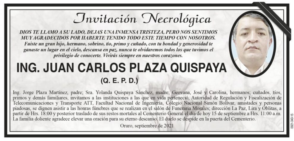 Invitación Necrológica: Ing. Juan Carlos Plaza Quispaya