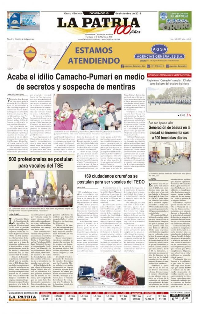 Portadas impresas del periódico La Patria