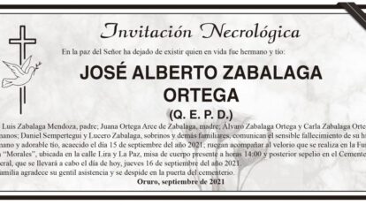 Invitación Necrológica: José Alberto Zabalaga Ortega