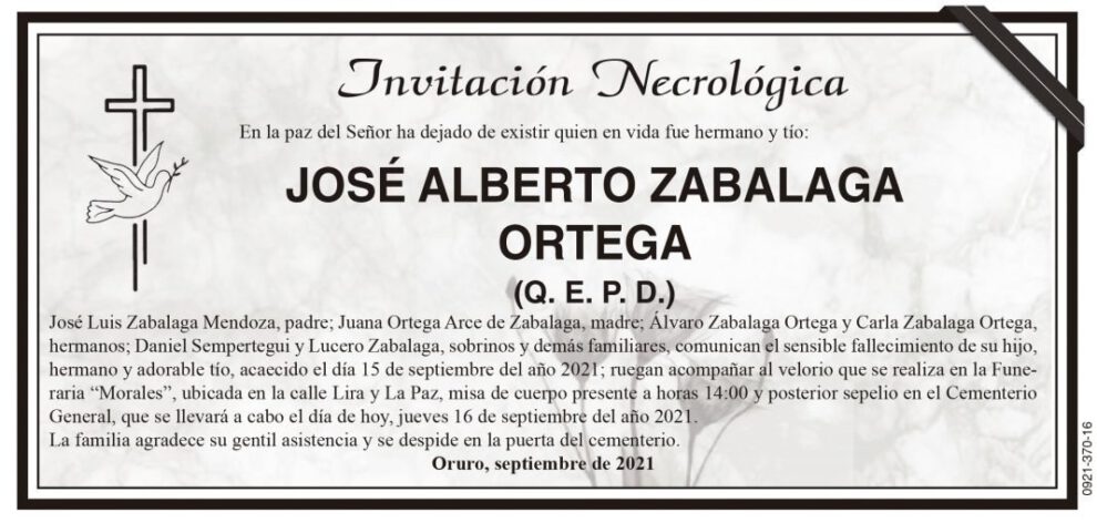 Invitación Necrológica: José Alberto Zabalaga Ortega