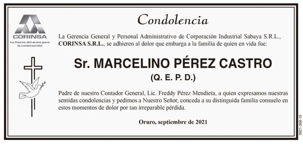 Condolencia Sr. Marcelino Pérez Castro
