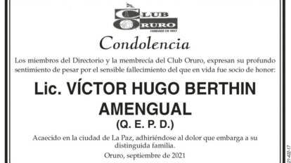 Condolencia por el fallecimiento de Lic. Víctor Hugo Berthin Amengual