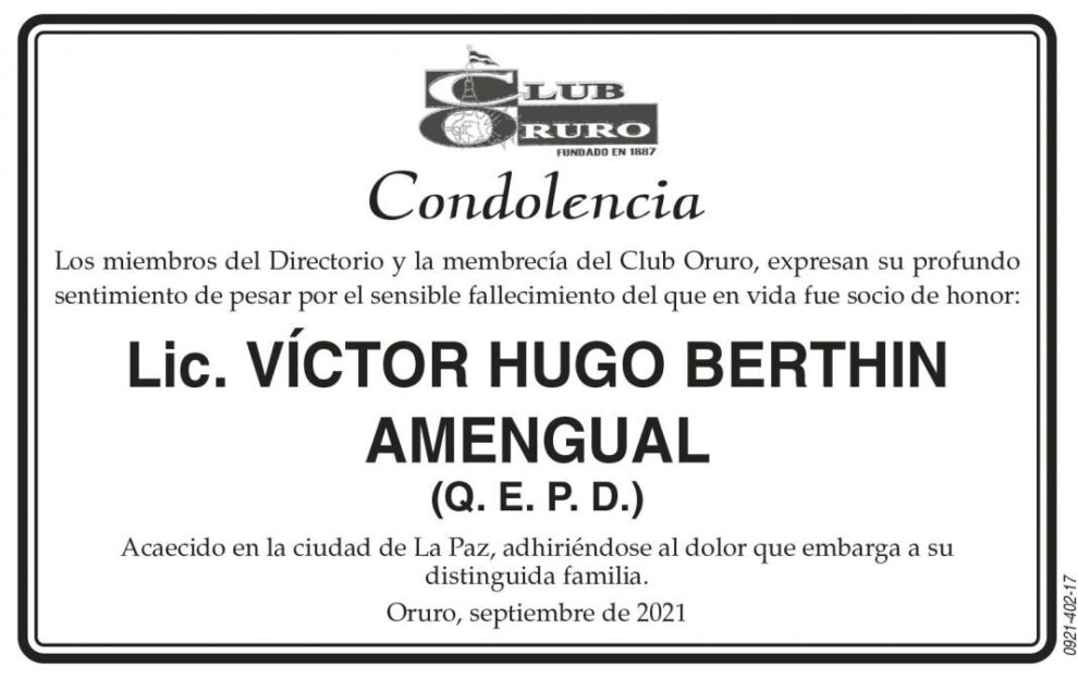 Condolencia por el fallecimiento de Lic. Víctor Hugo Berthin Amengual