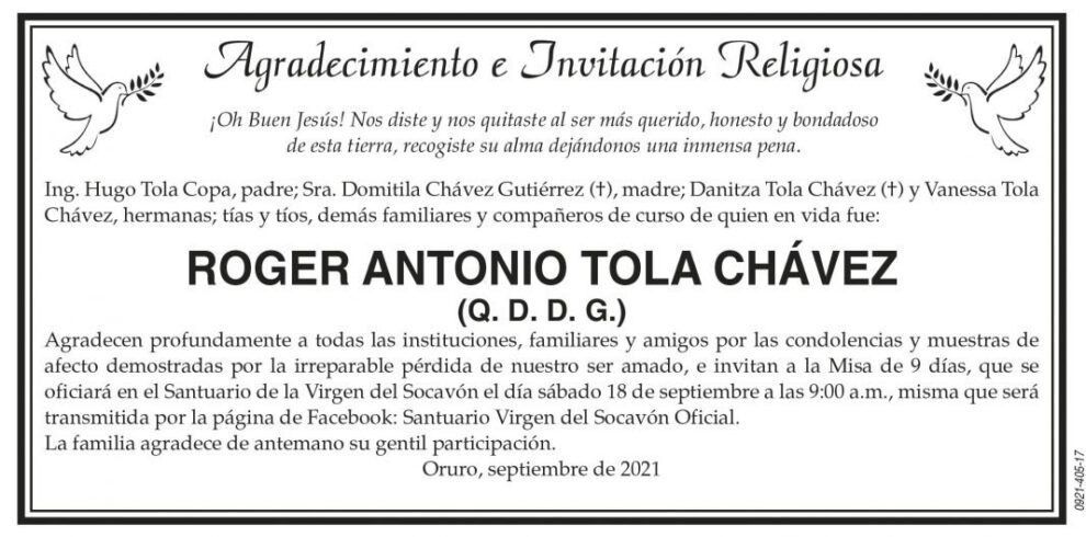 Agradecimiento e Invitación Religiosa por Roger Antonio Tola Chávez
