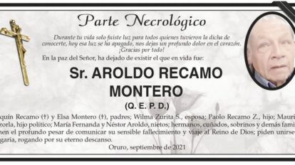 Parte Necrológico de Aroldo Recamo Montero