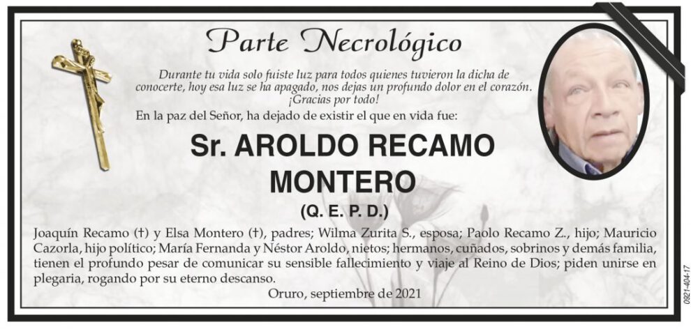 Parte Necrológico de Aroldo Recamo Montero