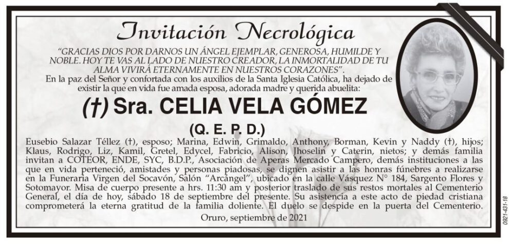 Invitación Necrológica de Celia Vela Gómez