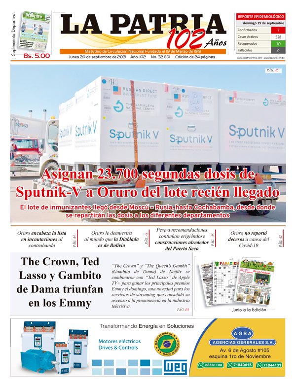 Edición impresa La Patria del 20 de septiembre de 2021