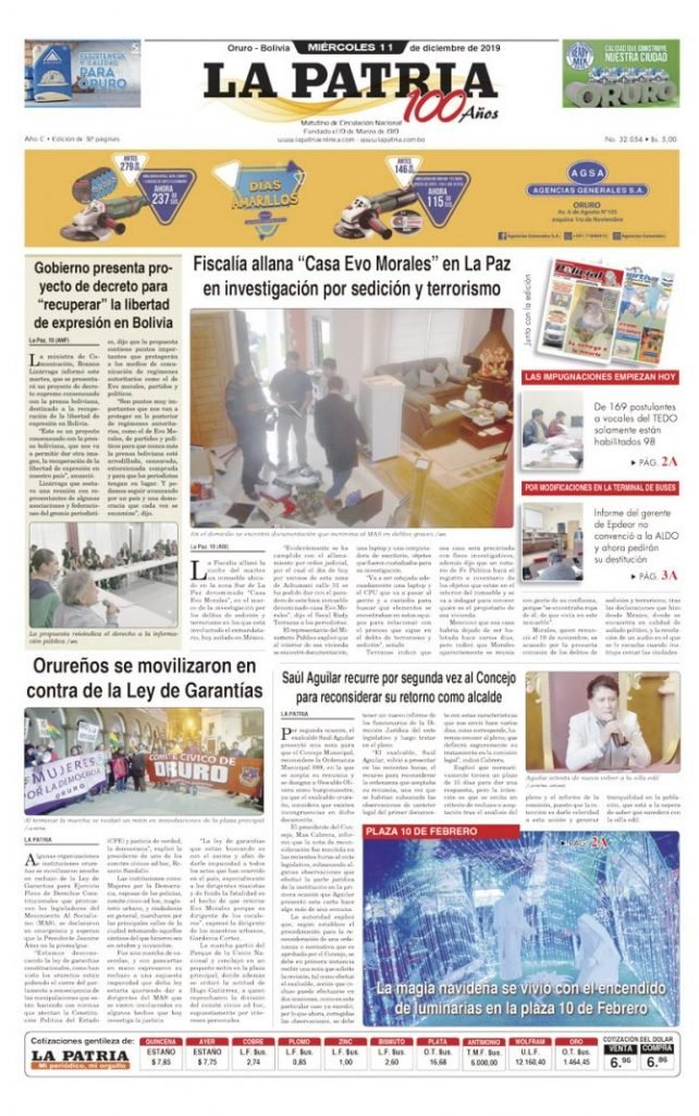 Portadas impresas del periódico La Patria