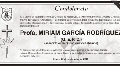 Condolencia por el fallecimiento de Profa. Miriam García Rodríguez