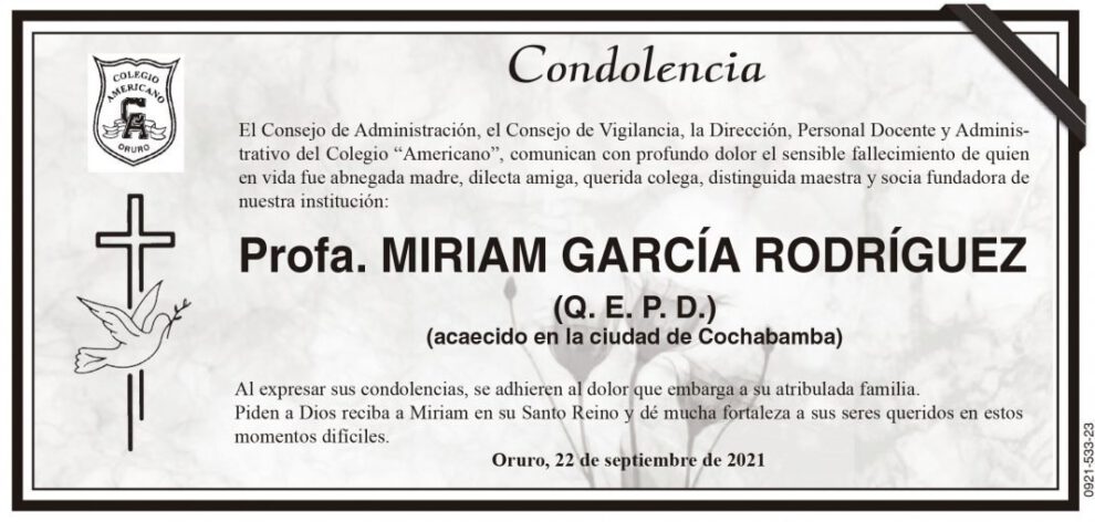 Condolencia por el fallecimiento de Profa. Miriam García Rodríguez