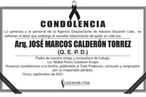 Condolencia por el fallecimiento de José Marcos Calderón Torrez