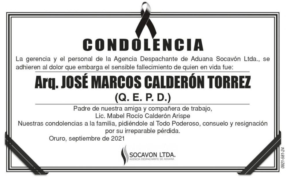 Condolencia por el fallecimiento de José Marcos Calderón Torrez