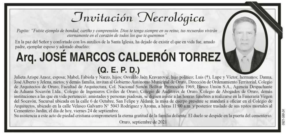 Invitación Necrológica de José Marcos Calderón Torrez