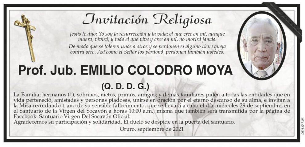 Invitación Religiosa para Prof. Jub. Emilio Colodro Moya